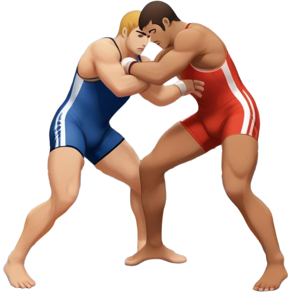 An icon representing freestyle wrestling, with two athletes engaged in a dynamic struggle on the mat. One wrestler attempts a takedown while the other counters, showcasing agility and technique. The background features a stylized wrestling ring with minimal design elements, emphasizing the action.  emoji