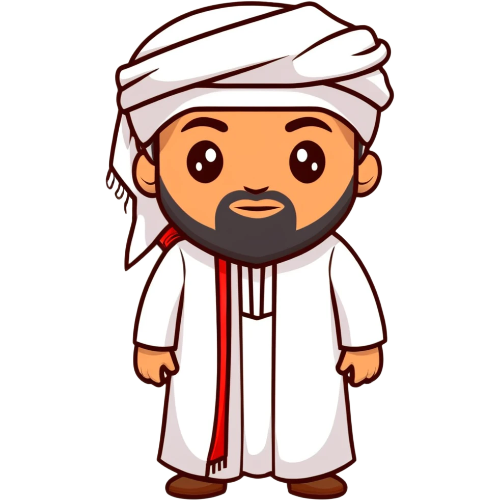 Saudi man with sharp features, wearing a white thobe and a red shemagh, wide beard emoji