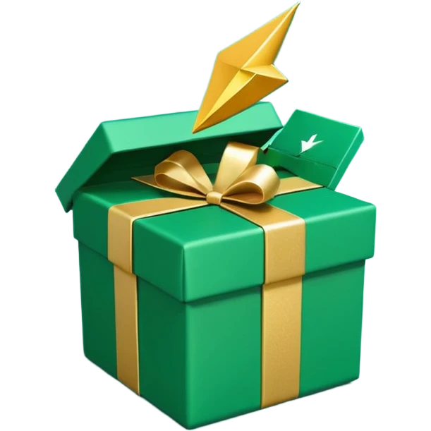 3D minimal open gift box with small floating icons coming out (envelope, lightning bolt, sparkle), matte finish, deep green (#0B3D2C) box, gold (#C9B037) icons, Apple style, ultra minimal, soft shadow, transparent background emoji