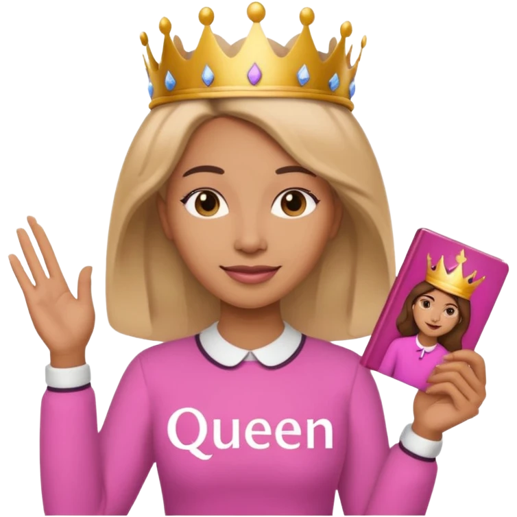 Crear una reina morena clara con ropa rosa sosteniendo la palabra Queen en sus manos emoji