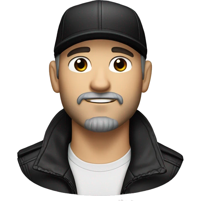 An adult white skin portrait of male with stubble and a slightly gray beard, brown hair, black eyes, wearing a black Reebok cap with a round emblem on his head, and a black leather jacket. emoji