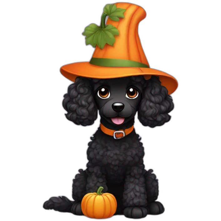 Short haired wavy black poodle weating a pumpkin hat emoji
