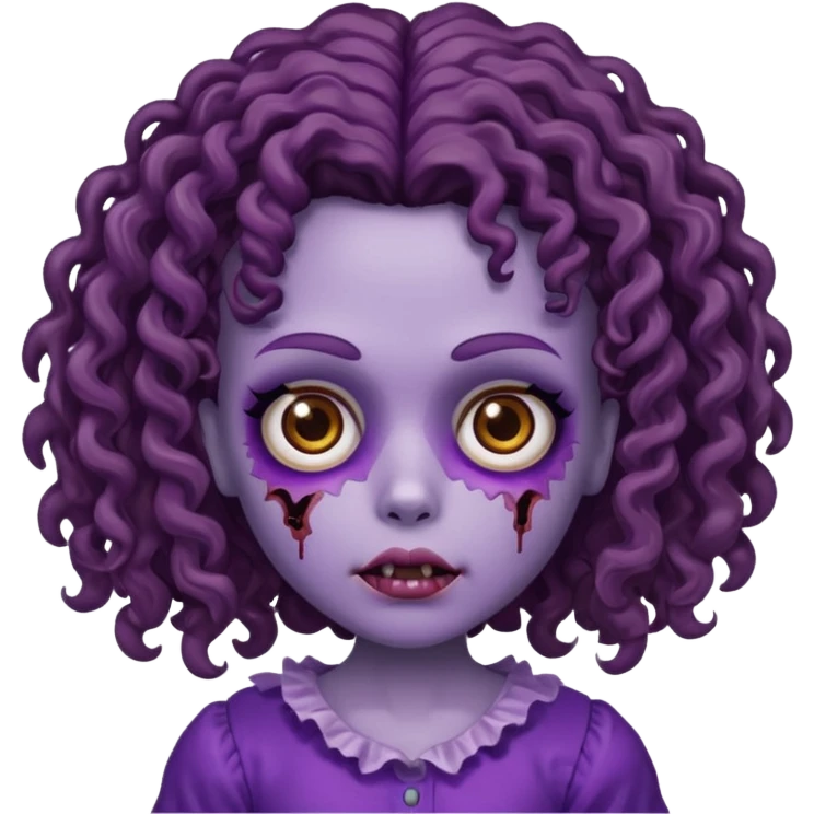 faça uma boneca zumbi com olhos castanhos e cabelo cacheado castanho e a parte de baixo do cabelo roxo emoji