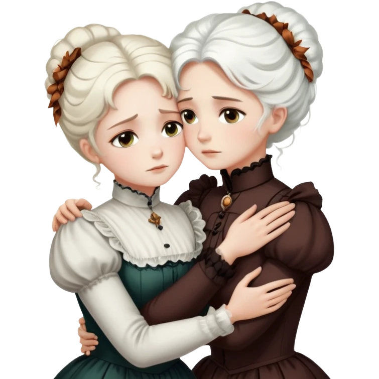Two Victorian women with light eyes embracing in a sad, intimate hug. One woman has bright white coiffed hair and the other has dark copper coiffed hair. Both wearing Victorian high-neck dresses with their arms wrapped tightly around each other emoji