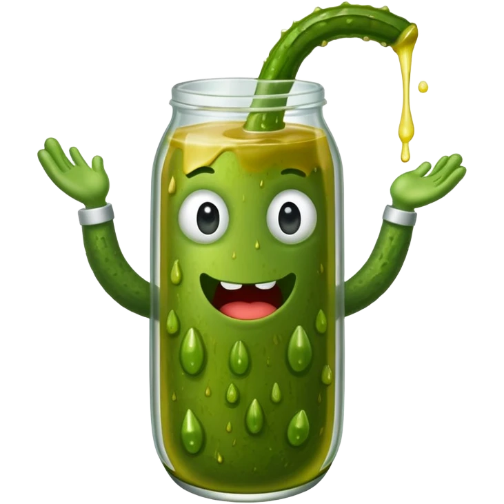 a cartoon pickle with juice squirting from the top of it, being squeezed by a hand emoji