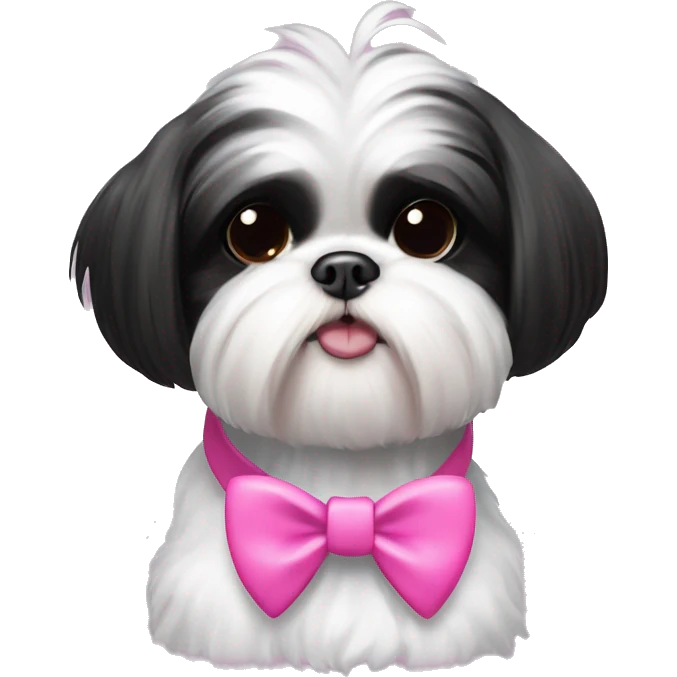 Black and white shih tzu with pink bow and collar that says “Zoe” emoji