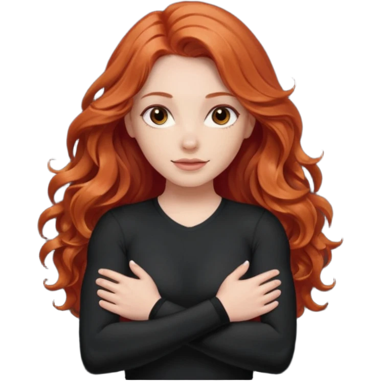Athletic girl with long light red wavy hair and smaller boobs bigger arms not too big. middle part and black shirt emoji