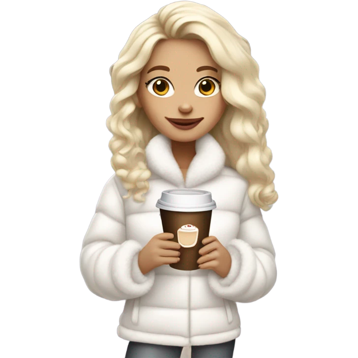blonde girl wearing white fluffy jacket and a coffee to go in hand all dress white and a white bow on hair emoji