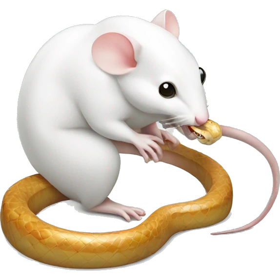 A white mouse eating a big snake emoji