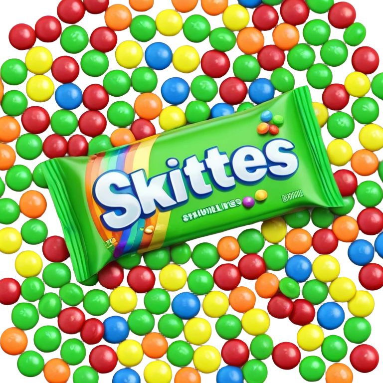A multi-colored rainbow Skittles package next to a pile of exclusively green Skittles candies. The package shows all rainbow colors while the candies are only green. emoji