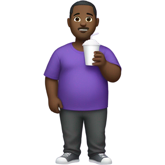 Obese black man wearing a purple jumpsuit suit while holding a white styrofoam cup with grape soda emoji