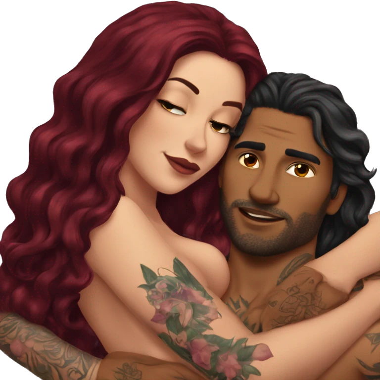 Beautiful tattooed burgundy long haired woman laying on the boyfriends chest emoji