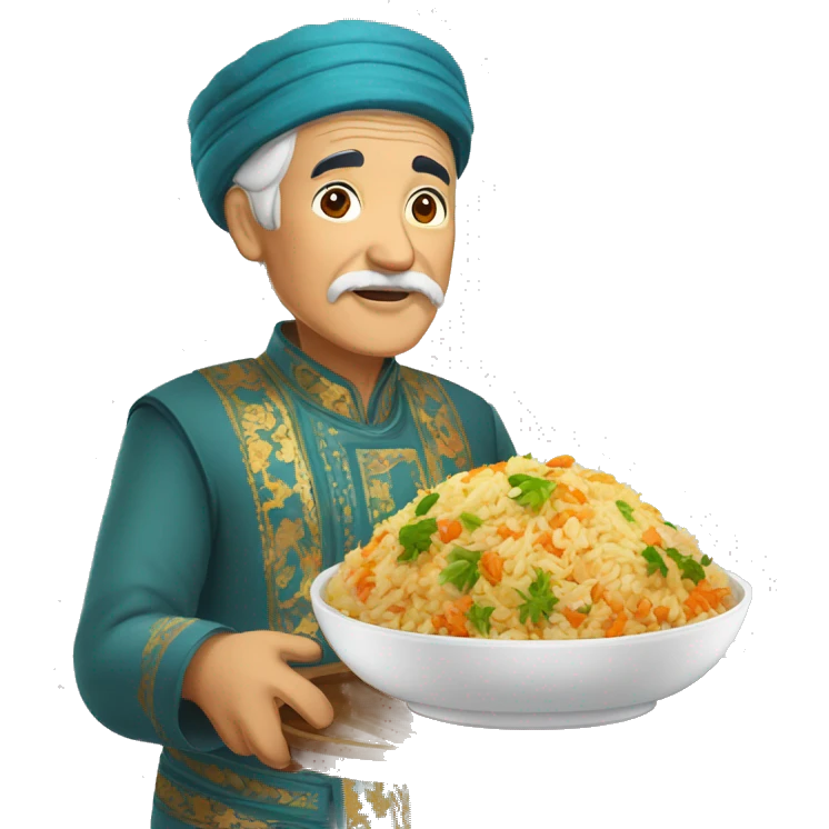 uzbek old man with national outfit chapon serving pilaf emoji