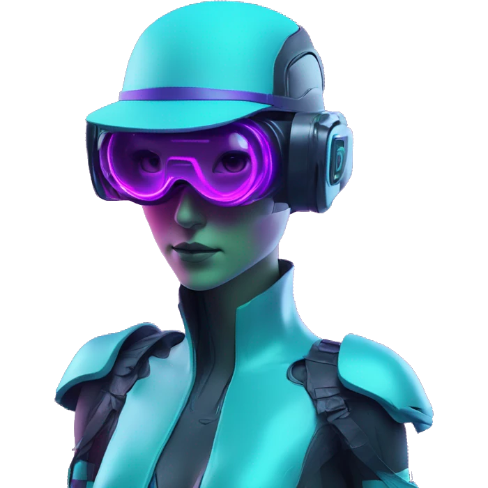 Secret humanoid agent in a futuristic hat with in Apple VR goggles headset code display on the goggles , cyberpunk, cyan and purple colors, only upper body portrait, front facing the camera  emoji