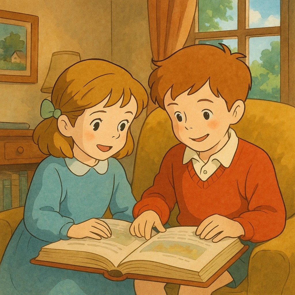 Janet and John story scene in ghibli style emoji