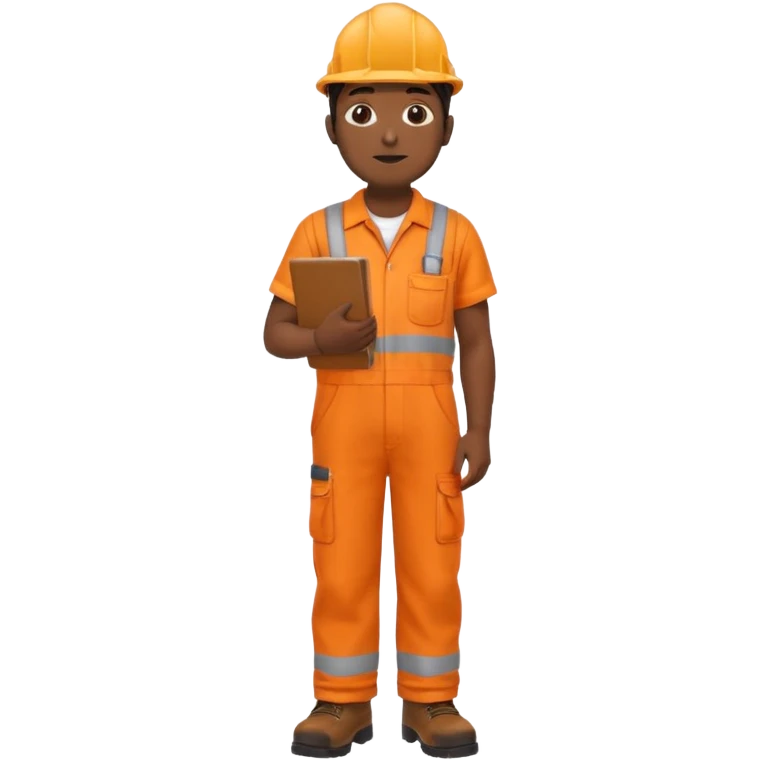 Indian male railway engineer orange overalls, boots holding a clipboard facing away emoji