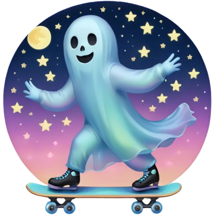 ghost skating under a pastel moon and stars emoji