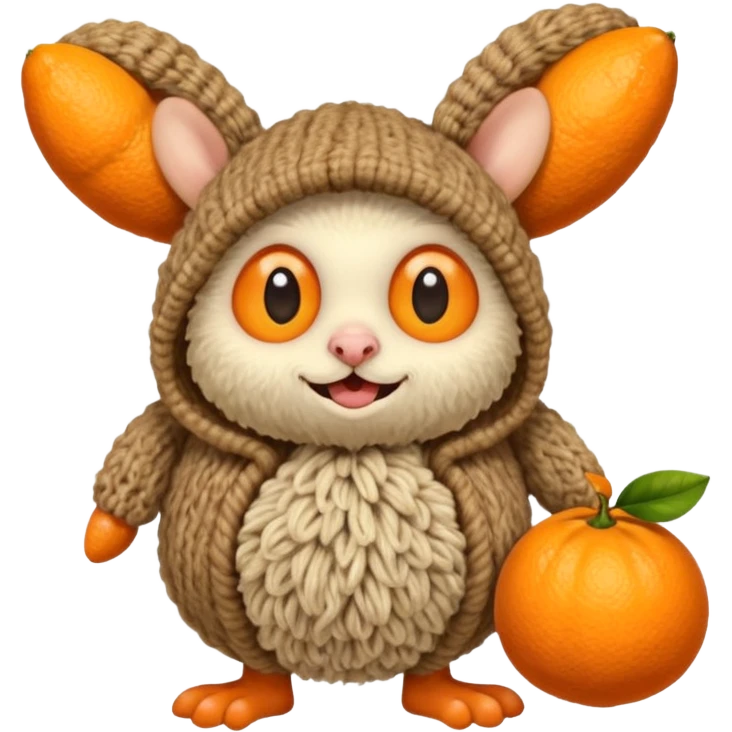 Смешной зверёк, сделанный из шерсти, с большими круглыми глазами, большими мохнаиыми ушами, пузатенький, на кривых волосатых ножках, в волосатых ручках авоська с апельсинами. emoji