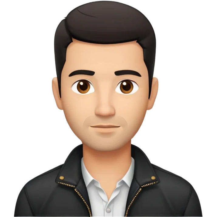 Slightly older attractive broad-shouldered Hispanic TV presenter, light brown complexion, square face with defined jawline, short black hair with clear fade haircut, light scruff facial hair, friendly expression, unbuttoned black jacket with white shirt emoji