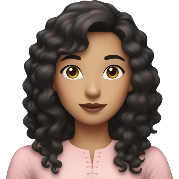 White woman with long black curly hair and bangs and dark brown eyes, wearing a pastel pink dress emoji