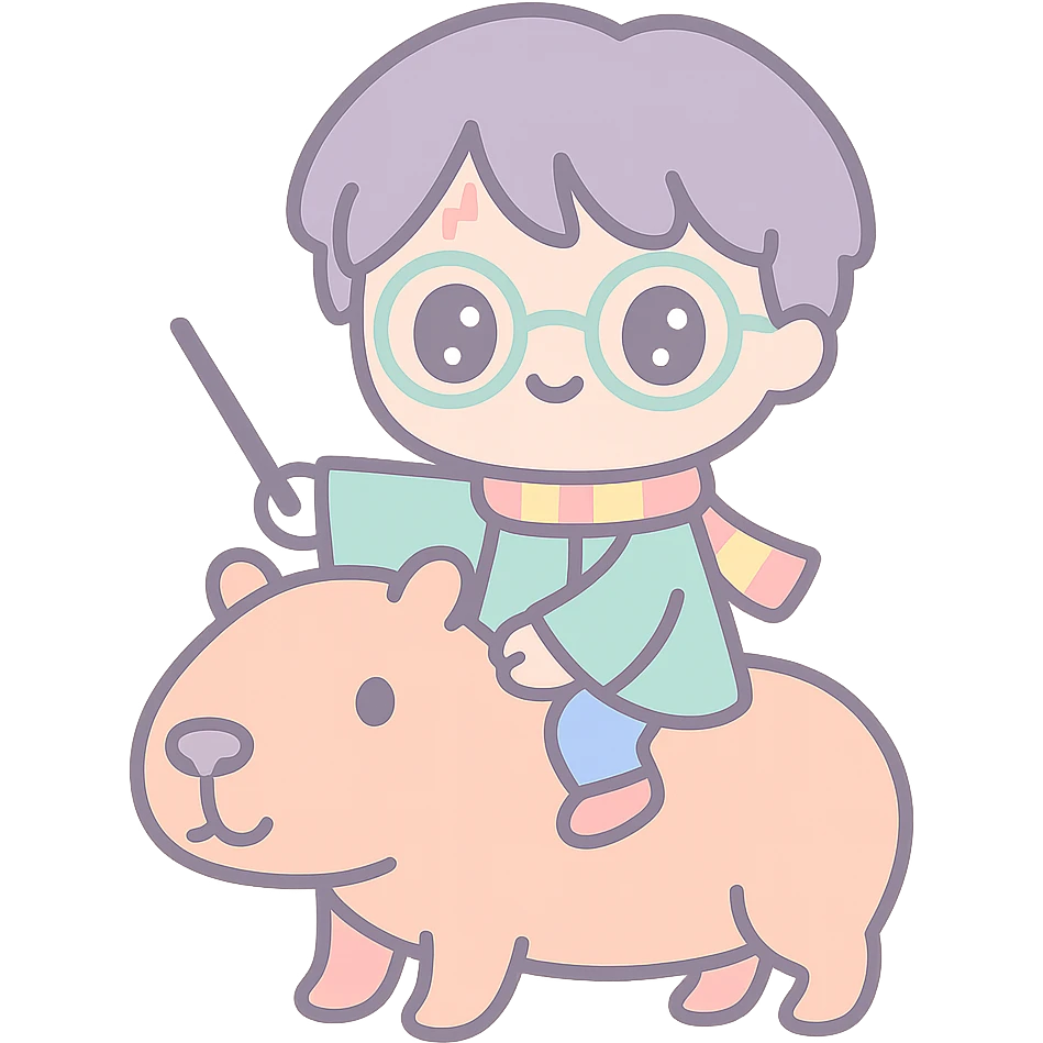 Harry Potter riding a capybara, simple and cute, minimal background emoji
