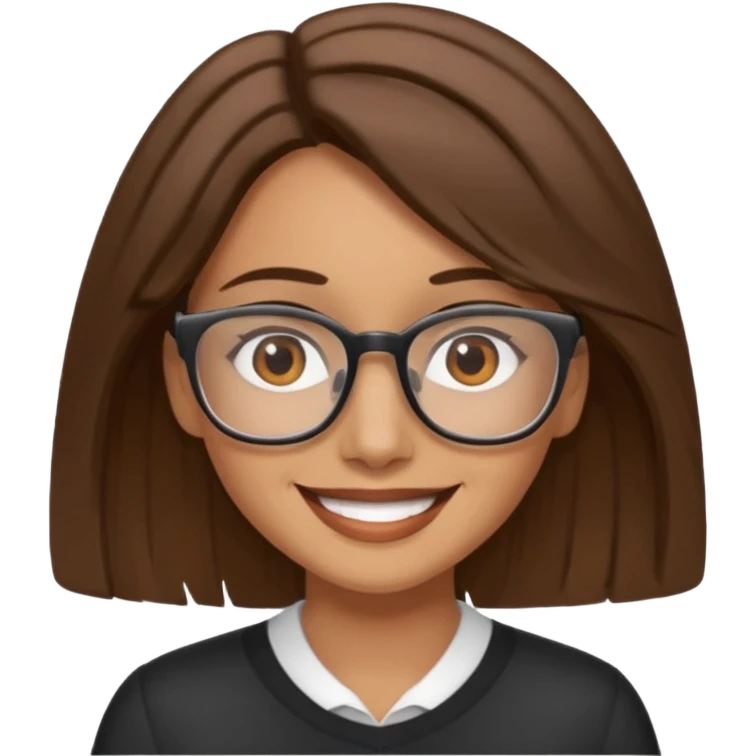 emoji of a tan woman with brown eyes and brown shoulder length hair, smiling and working emoji