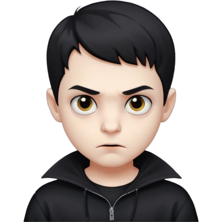 Vampire boy with the short black hair, pale-white skin, black eyes, little fangs and dark circles under his eyes. He has serious face and he wear a black oversize sweatshot emoji