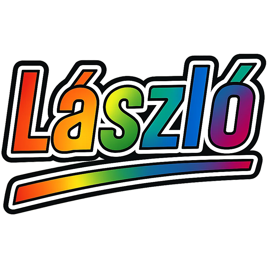 The name 'László' in a masculine, modern font with gradient coloring, precise Hungarian characters, dark contour, extra thick and prominent white letter outline, dynamic slanted underline, rainbow gradient colors, 1000x1000 px, PNG format, transparent background emoji