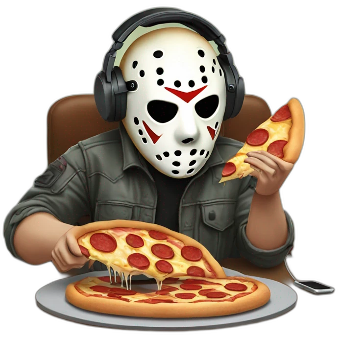 Jason voorhees recording a podcast with a mic and headphones and holding a slice of pizza in his hand emoji
