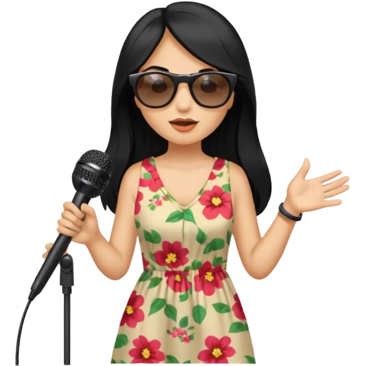 long haired woman with summer clothes and sun glasses holding microphone emoji