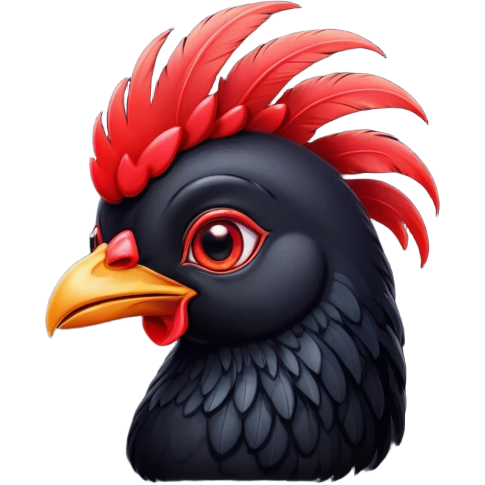 Cinematic Cute Black Chicken Portrait Emoji, Head tilted playfully and inquisitively, featuring sleek, lustrous black feathers and a vibrant red comb, round, sparkling beady eyes filled with curiosity, Simplified yet irresistibly adorable features, highly detailed, glowing with a warm, friendly glow, high shine, affectionate and lively, stylized with a touch of whimsical charm, bright and endearing, soft glowing outline, capturing the essence of a mischievous yet loving chicken, so playful it feels like it could peck out of the screen and into your arms! emoji