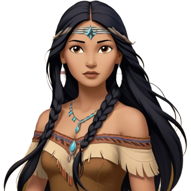 Cinematic Realistic Pocahontas Portrait, depicted with lifelike skin texture, soft natural lighting, and intricately detailed long, flowing raven-black hair that moves gracefully in the wind. Her deep, soulful dark brown eyes exude wisdom and strength, complemented by a serene yet powerful expression. She is dressed in her classic one-shoulder native american dress, with rich fabric textures and delicate beaded details that catch the light beautifully. The portrait features a soft, sun-kissed glow with a natural, radiant finish, capturing the essence of untamed beauty and deep connection to nature in a realistic and painterly style, evoking a sense of depth and authenticity. emoji