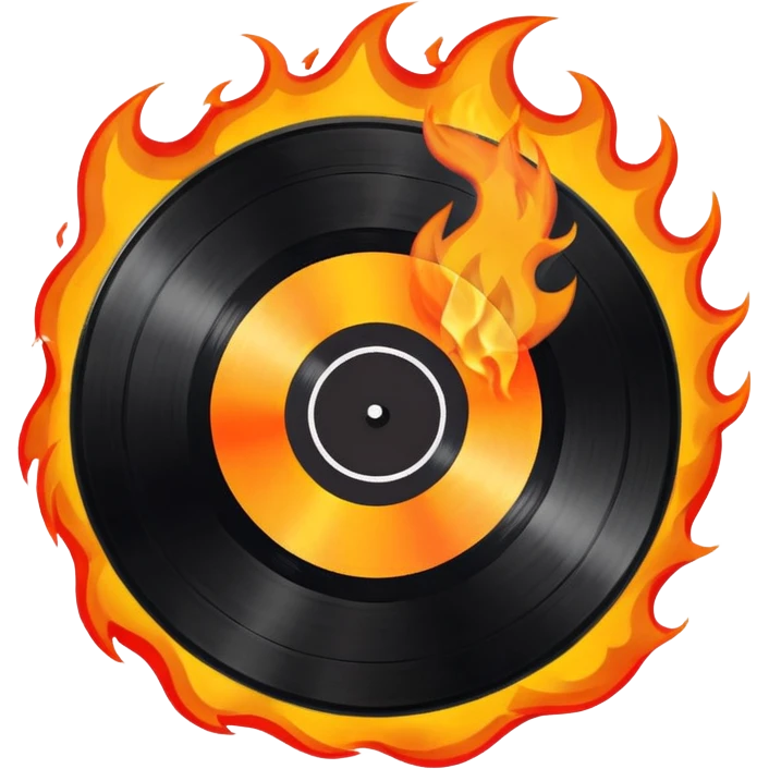 a black vinyl record on fire with a white center sticker emoji