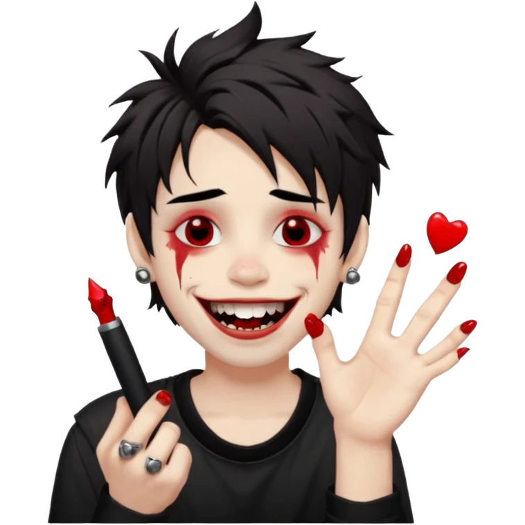 Laughing pale Goth boy with a bunch of face piercings, with shaggy dark brown hair, and messy black eyeliner , smudged, red, lipstick and rock on hand emoji
