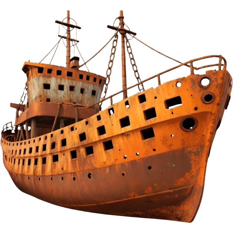 rusted ship wreck, heavily corroded metal hull, orange-brown rust textures, abandoned old ship, weathered surface, dramatic lighting, cinematic atmosphere, 3D cartoon style, mobile game environment art, clean composition, no people, no text, no watermark
 emoji