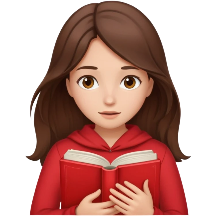 brunette girl with brown hair wearing red clothes covering her face with book emoji