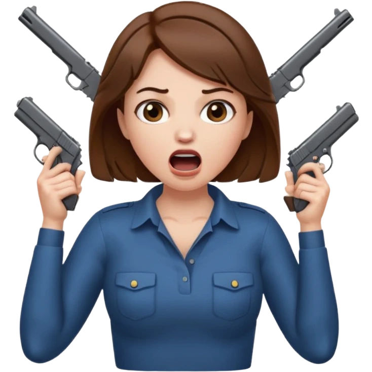 the woman emoji with brown hair and white skin choking herself  with both hands around her neck with her mouth open and two arms from behind her holding a gun in each hand point directly at her head emoji