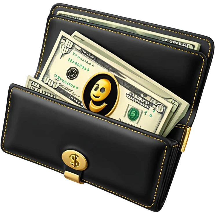 Rich emoji style black leather wallet with dollar bills, luxury money vibe, premium 3D emoji, ultra clean, high detail, no background
 emoji