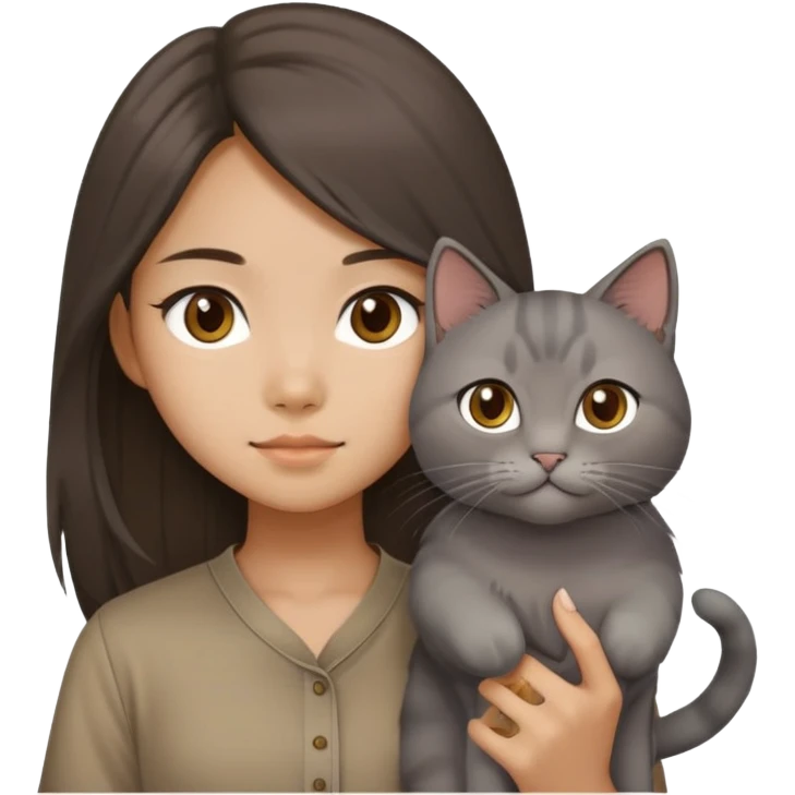 a chinese longhair girl wearing a brown shirt with a grey cat emoji