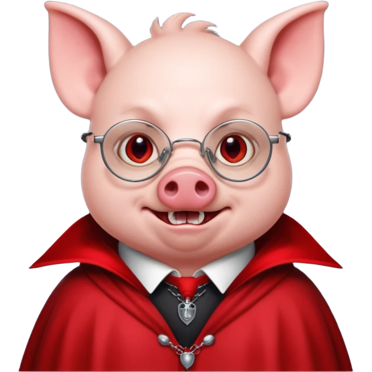 Vampire animal, pig in red collar cloak, red eye, fangs, classes emoji