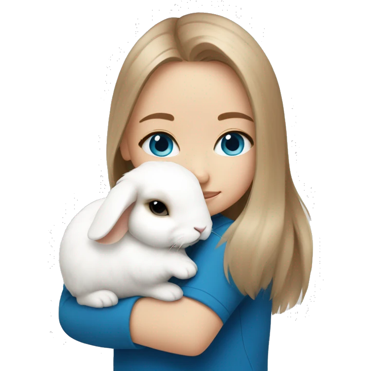 Girl hugging a white mini lop, light brown hair and blue eyes emoji