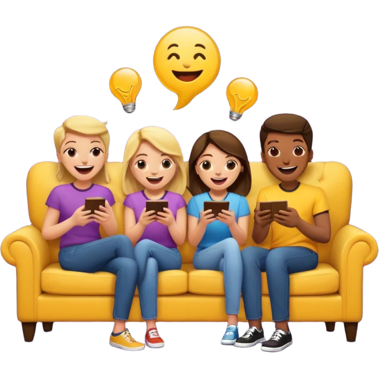 group of friends on couch playing a trivia game couch should be deep dark yellow color emoji