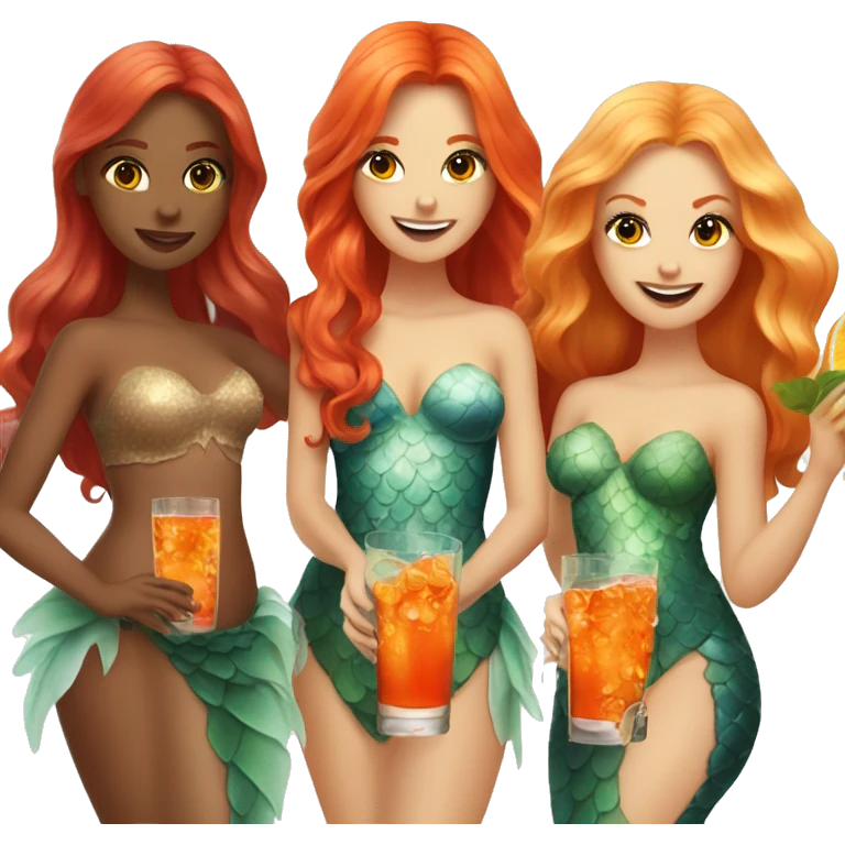 Three beautiful mermaids (one blond, one brown and one red hair) drinking aperol emoji
