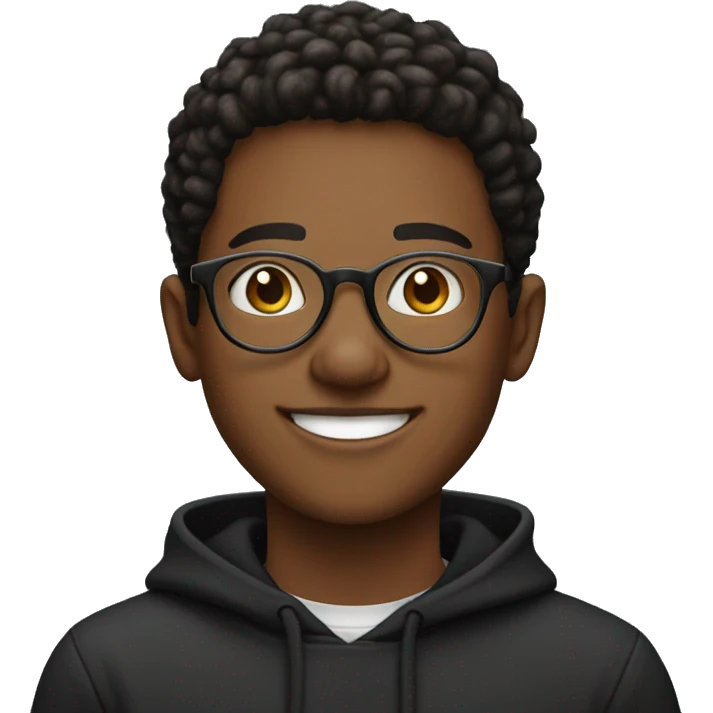 Entrepreneurial 20-year-old boy with black sweatshirt and circular glasses smiling emoji