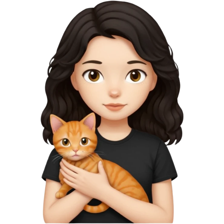 Girl with medium length black wavy hair in a black t shirt holding a ginger cat emoji