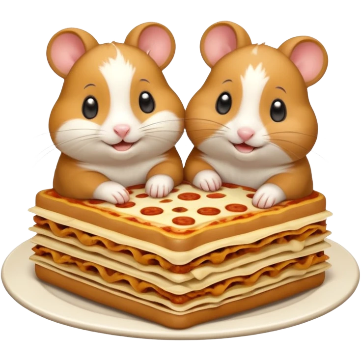 cartoon-style hamster sharing lasagna with other cartoon-style hamsters emoji