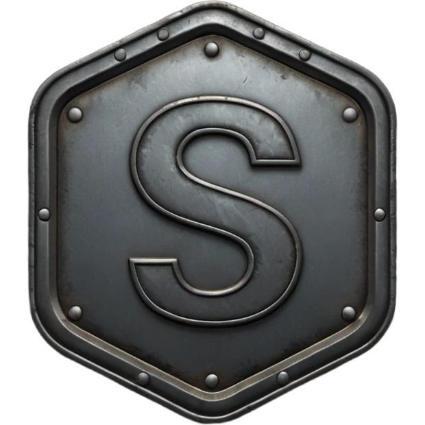 Create a custom emoji badge featuring a stylized, letter “S”. Design the badge in the dark metallic Iron rank style from League of Legends. Use rough metal textures, dark gray tones, and a gritty, heavy look. Add subtle dim glows. Premium, sharp, and readable at small sizes.
 emoji