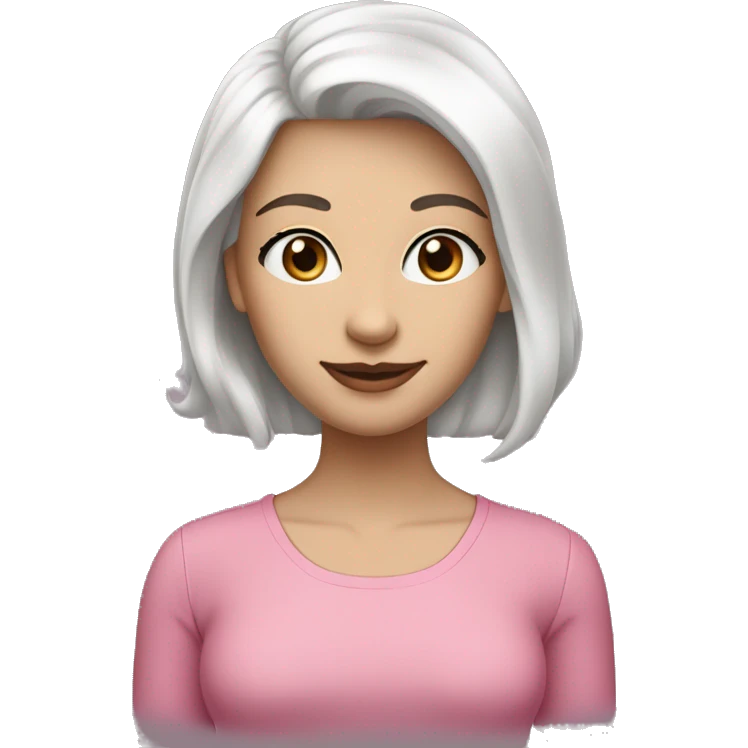 A woman in a standing position, her appearance can be described by the following characteristics: black shoulder-length hair, fair skin, blue eyes, a thin graceful nose, a beautiful smile and pink gloss on her lips. She is dressed in emoji