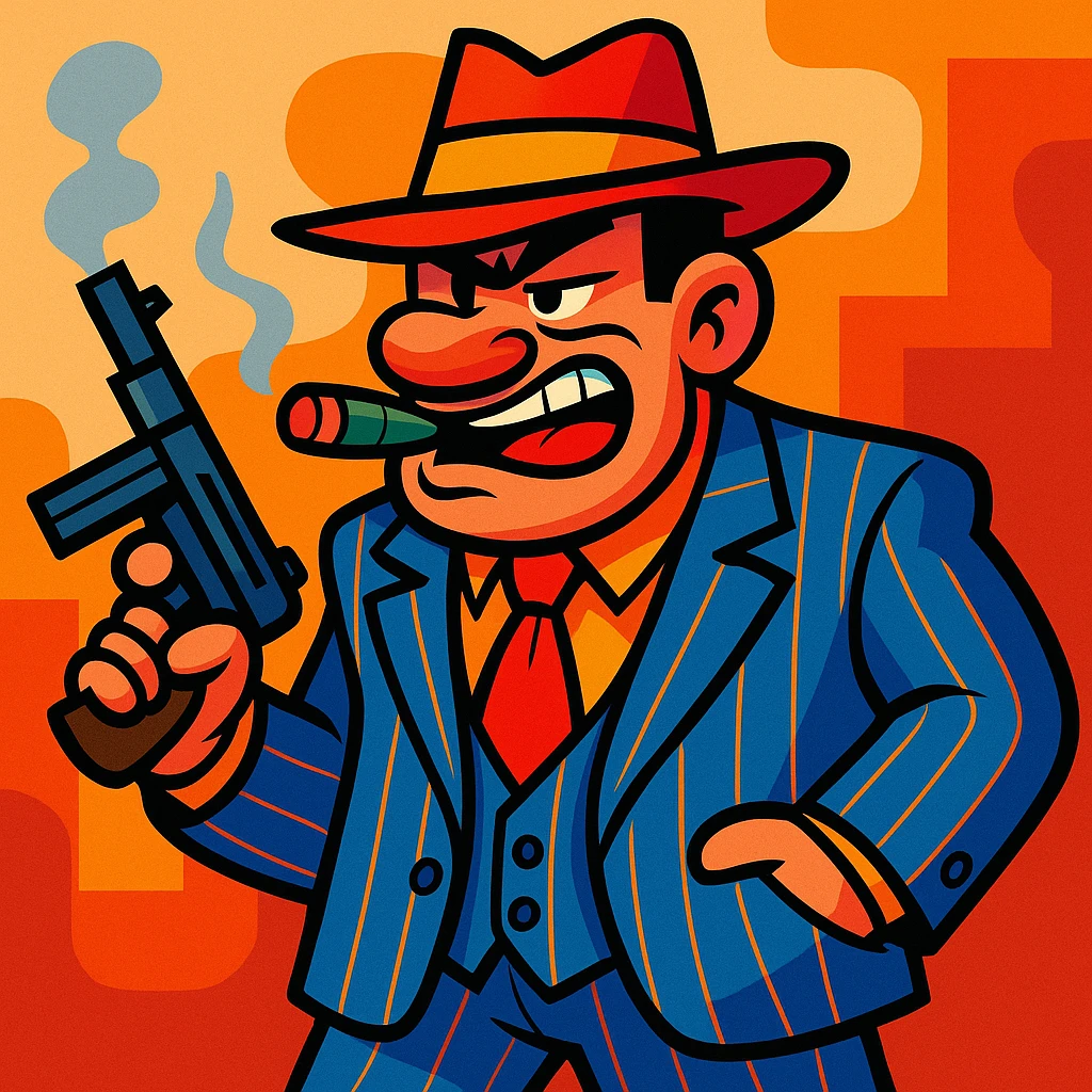 gangster character, highly cartoonish, exaggerated vibrant toon style emoji