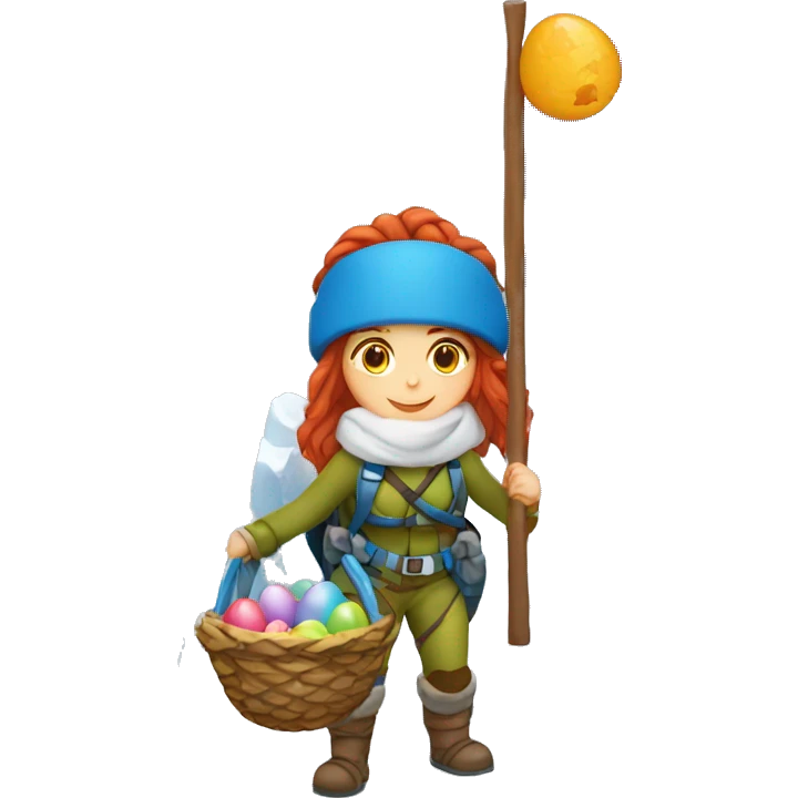 Greek Female winter mountaineer red hair white skin climbing with Greek Flag and Easter eggs basket emoji